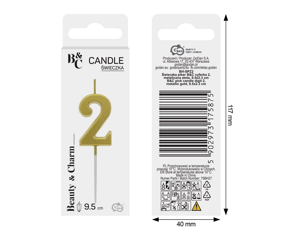 Świeczka piker B&C cyferka 2, metaliczna złota, dł. całkowita 9,5 cm